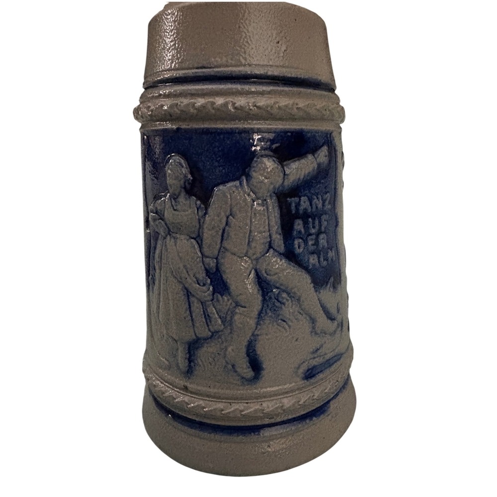 Vintage German Stoneware Beer Stein Tanz Auf Der Alm Cobalt Blue Salt Glaze 7.5"